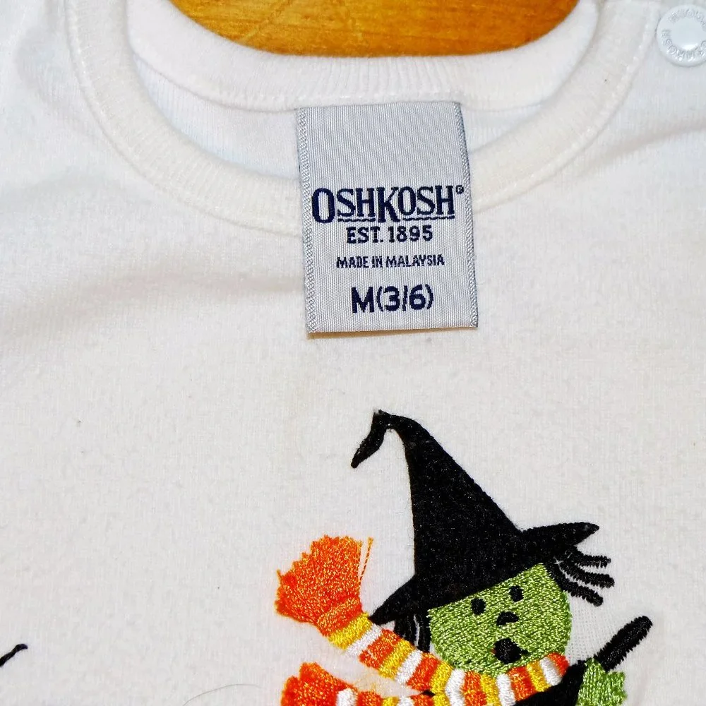 Oshkosh Embroidered Halloween Flying Witch White Long Sleeve T-Shirt Sz 3/6 mo.